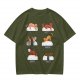 Olive green t-shirt with sushi cat illustrations