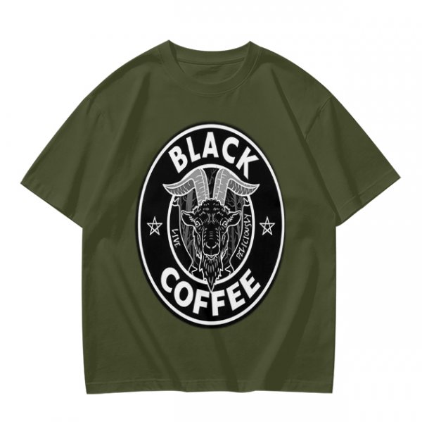 Olive green t-shirt with black goat head and Black Coffee graphic