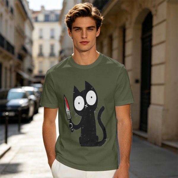 Olive T-shirt with a black cartoon cat holding a bloodied knife