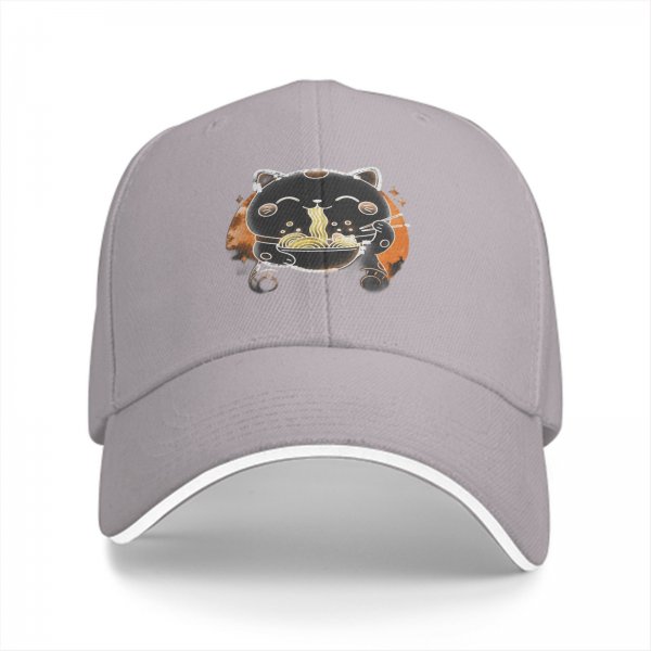 Black Baseball Cap With Cute Maneki-neko Cat Eating Ramen Design
