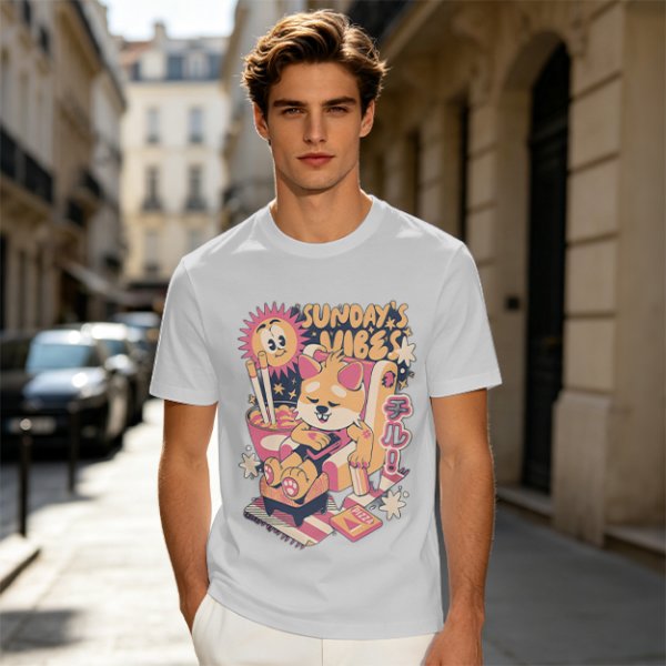 Olive t-shirt with Sunday's Vibes Shiba Inu relaxing graphic