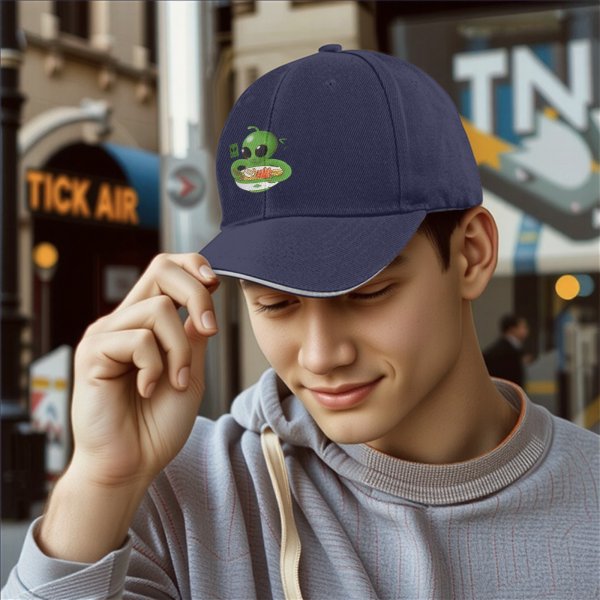 Black Baseball Cap with Cute Alien Eating Ramen Graphic