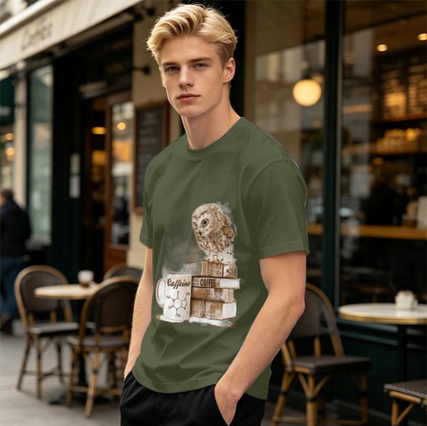 Owl on coffee books and caffeine mug graphic t-shirt