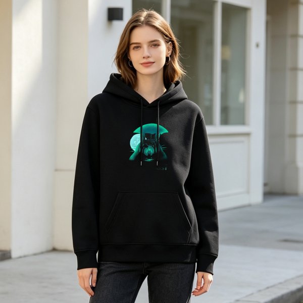 Black hoodie with glowing cat and umbrella graphic design