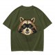 Olive Green T-Shirt With Smiling Raccoon Graphic Print