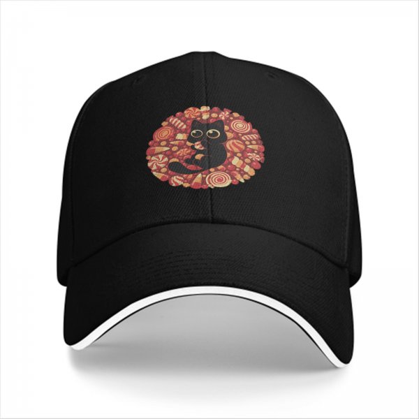 Black Baseball Cap with Cute Black Cat and Candy Print