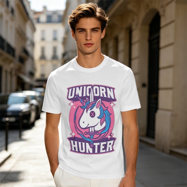Unicorn Hunter Graphic Tee with Sword and Sparkle Design