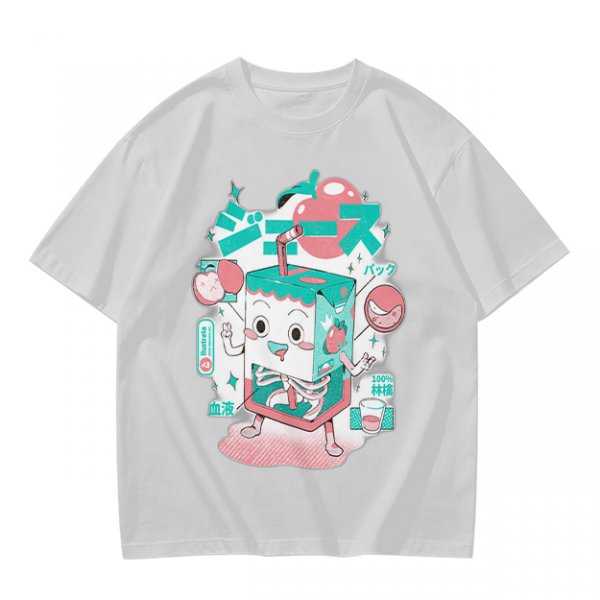 Olive t-shirt with a cartoon apple juice box skeleton graphic