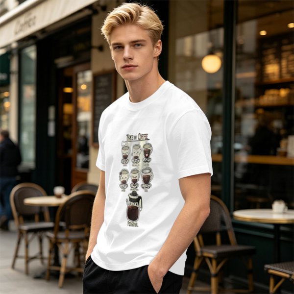 Olive Green T-Shirt With Cute Cartoon Coffee Cups Graphic
