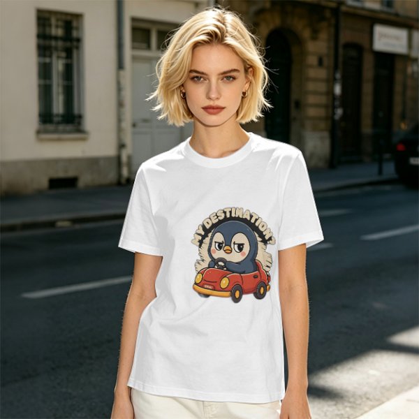 Olive T-Shirt With Cartoon Penguin Driving Car 'My Destination?' Print