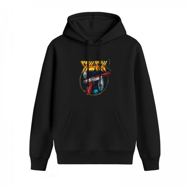 Black hoodie with retro pew pew fighters space gun graphic