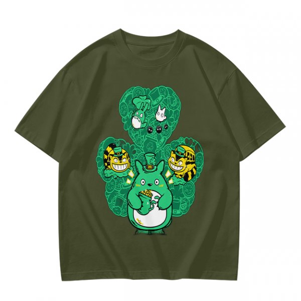 Olive Green T-Shirt With Studio Ghibli Clover Graphic Print