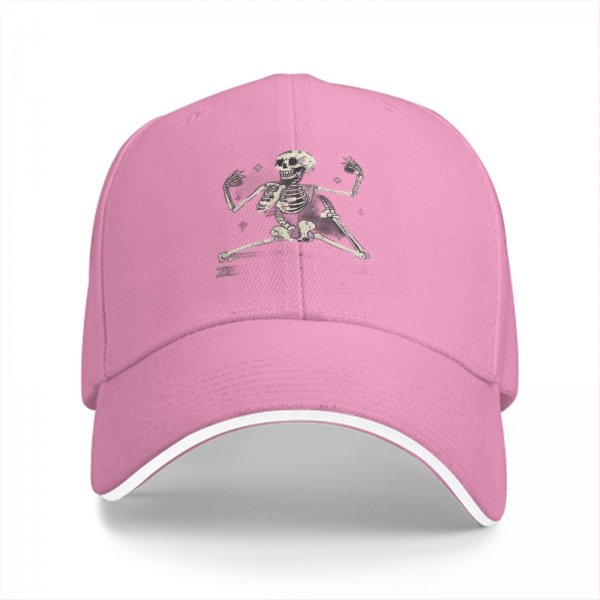Black baseball cap with dancing skeleton graphic design
