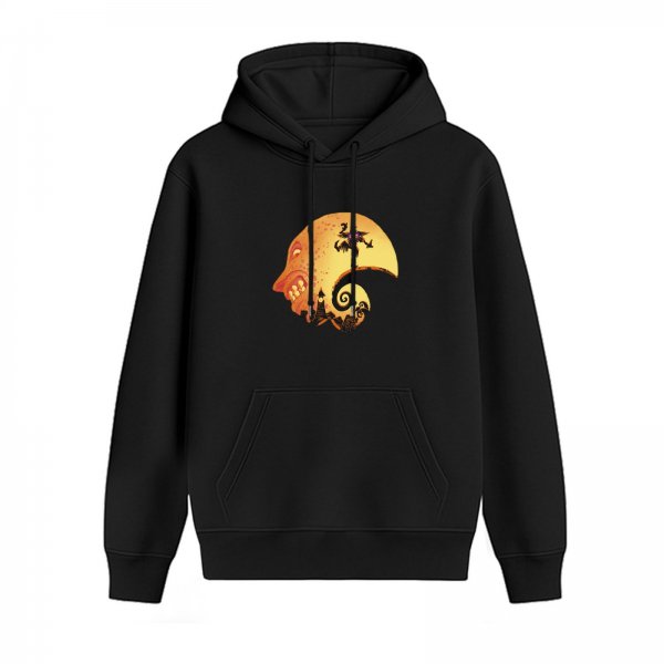 Black Hoodie with Halloween Moon Face Witch and Castle Art