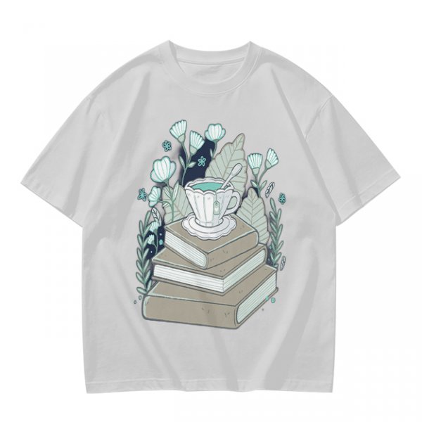 Olive T-Shirt With Stacked Books Teacup Floral Print