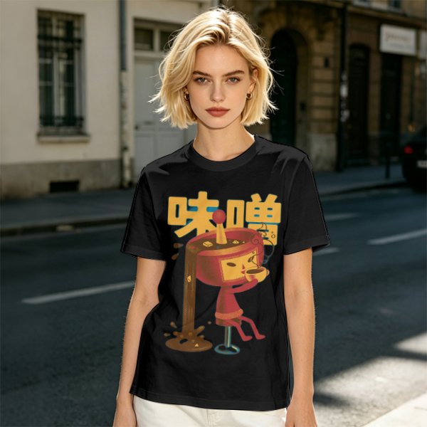 Olive green t-shirt with whimsical miso character graphic print