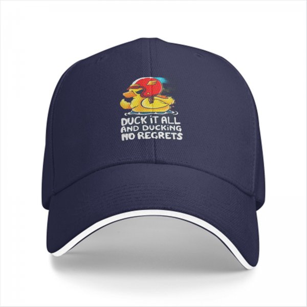 Black baseball cap with funny duck graphic and 'duck it all no regrets' text