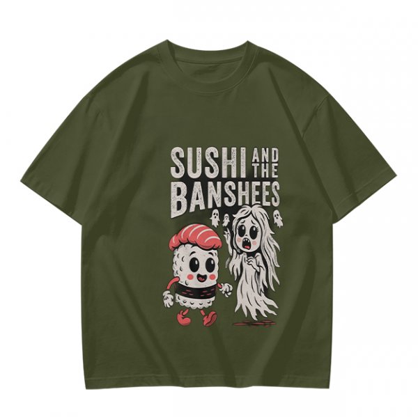 Olive t-shirt with sushi and banshee graphic print