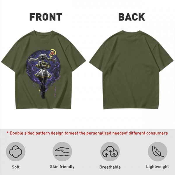 Olive T-shirt with dark anime elf mage holding staff and purple magic circle print