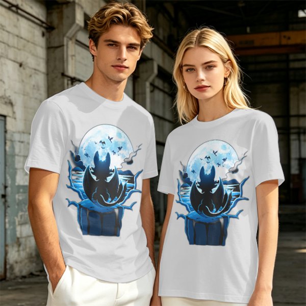 Olive T-Shirt Featuring Dragon Silhouette Under Full Moon