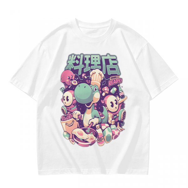 Olive t-shirt with dinosaur chef and cute character cooking graphic