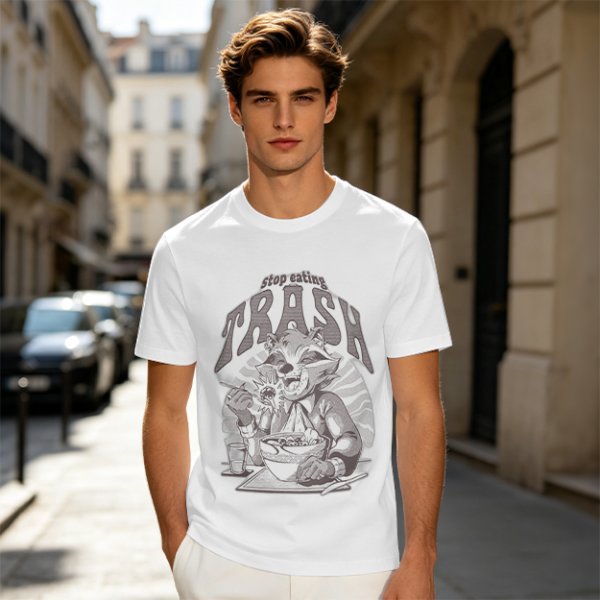 Olive graphic t-shirt with raccoon eating and 'Stop eating TRASH' print