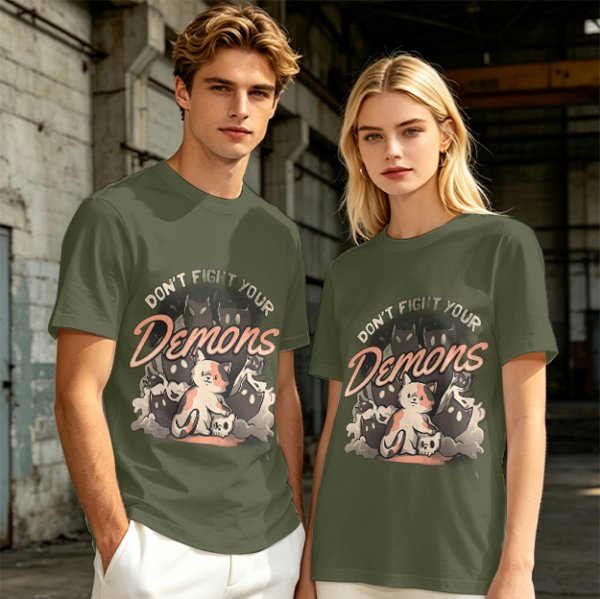 Olive graphic t-shirt with 'Don't Fight Your Demons' cat art