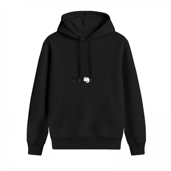 Black hoodie with small white cat graphic on chest