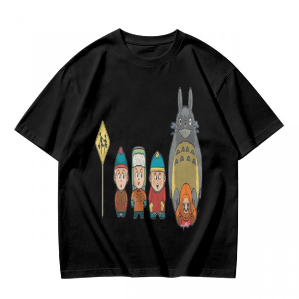 Olive T-shirt with cartoon characters print featuring Totoro and small figures