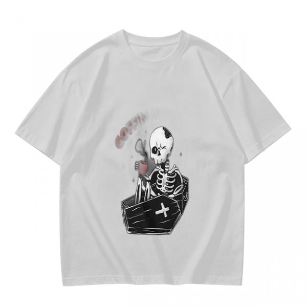 Olive T-shirt with Skeleton in Coffin Holding Coffee Print