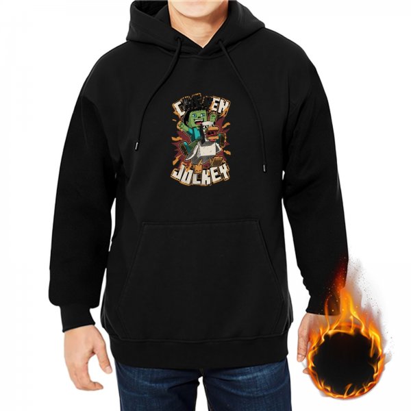Black hoodie with Minecraft-style Chicken Jockey graphic print