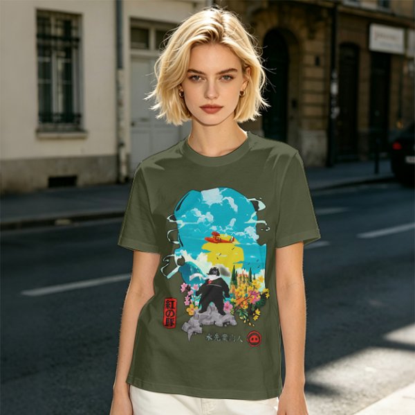 Olive T-shirt with anime pig pilot and seaplane graphic