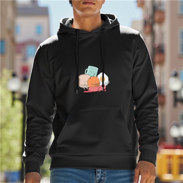 Black Hoodie With Cute Breakfast Food Character Graphic