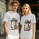 Olive T-Shirt with Punk Rock Cat Singing Microphone Graphic
