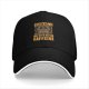 Black baseball cap with 'Caution May Bite Before Caffeine' graphic