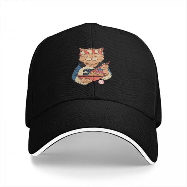 Black Baseball Cap with Japanese Ramen Chef Cat Graphic