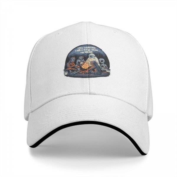 Black baseball cap with cryptid alien campfire graphic design