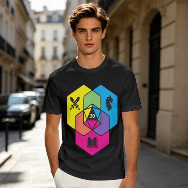 Olive T-Shirt With D20 And Fantasy RPG Themed Hexagon Art