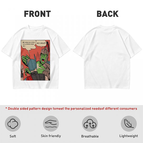 Olive t-shirt with comic print of Hulk and Thor mid-smashed interaction
