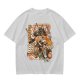 Olive green anime graphic t-shirt with monster and city scene