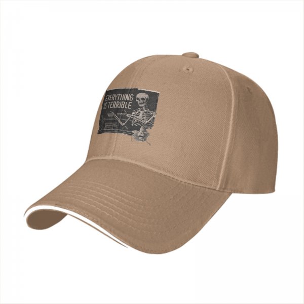 Black baseball cap with 'Everything is Terrible' skeleton graphic