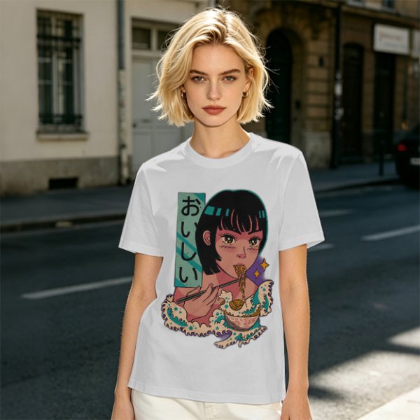 Olive anime graphic t-shirt with girl eating ramen and Japanese text