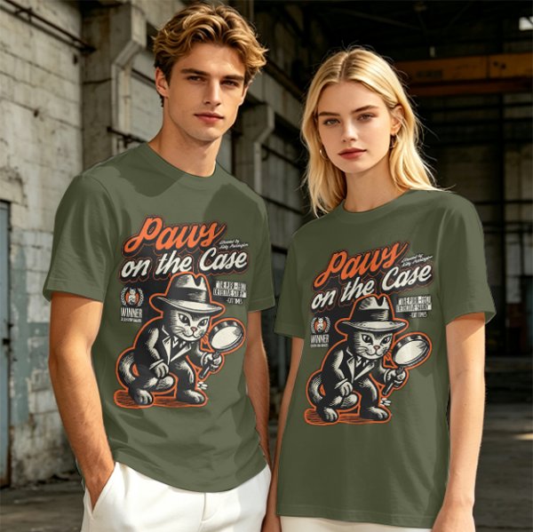 Olive t-shirt with detective cat 'Paws on the Case' graphic