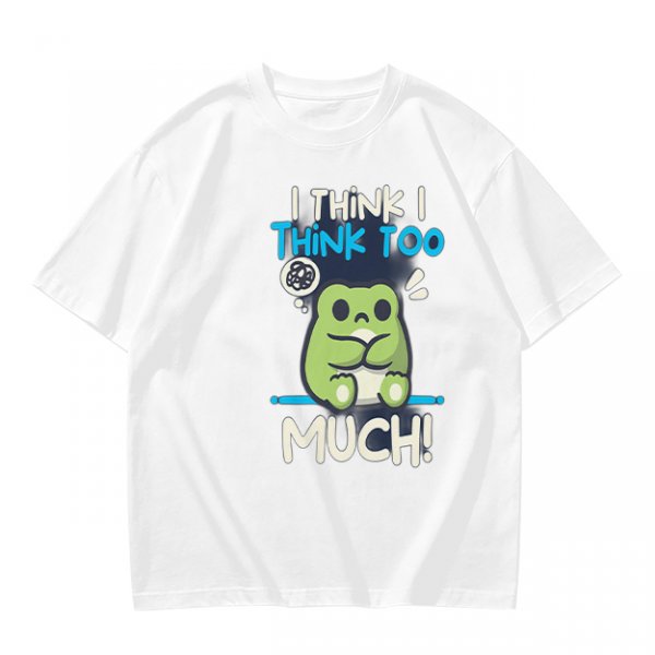 Olive t-shirt with 'I think I think too much' anxious frog print