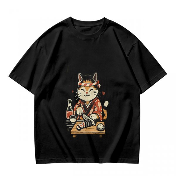 Olive T-Shirt Featuring a Cute Cat Sushi Chef Illustration