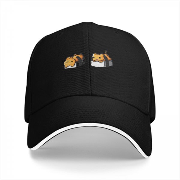 Black Baseball Cap With Cute Sushi Cat Graphic Prints