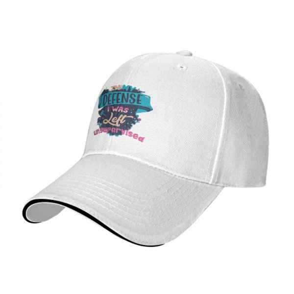 Black baseball cap with 'In My Defense I Was Left Unsupervised' print