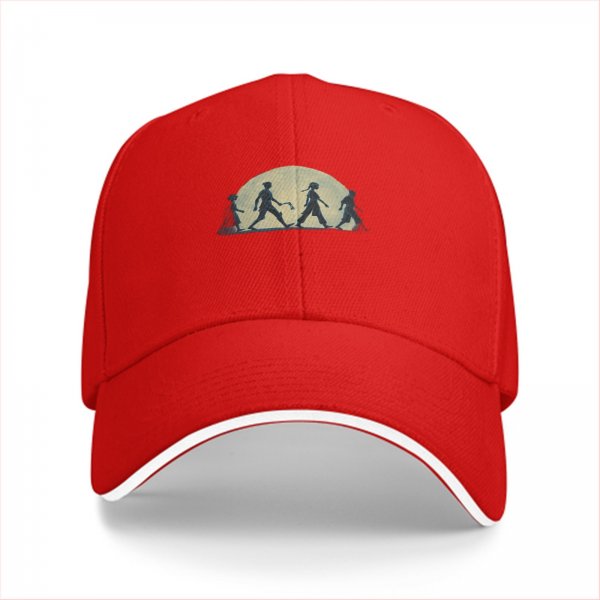 Black baseball cap with walking silhouettes against a moon backdrop