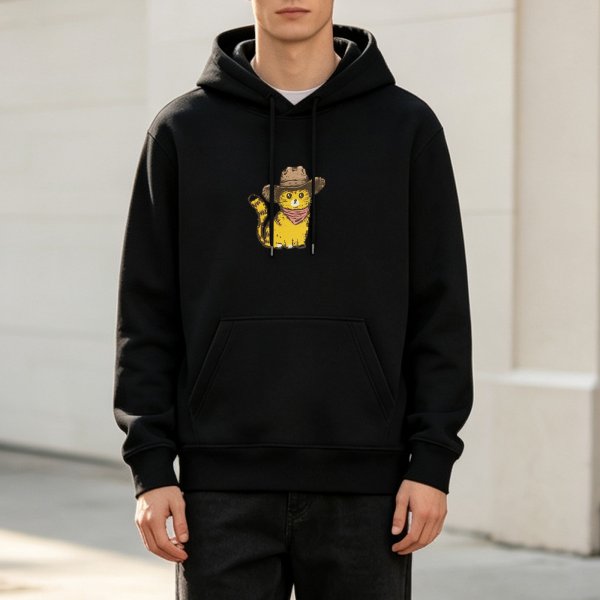 Black Hoodie With Cute Cowboy Cat Graphic Print