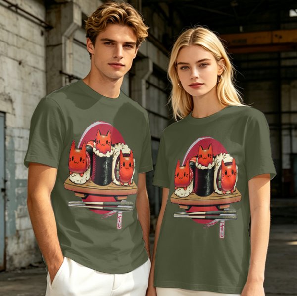 Olive t-shirt with cute cat sushi characters on a wooden platter